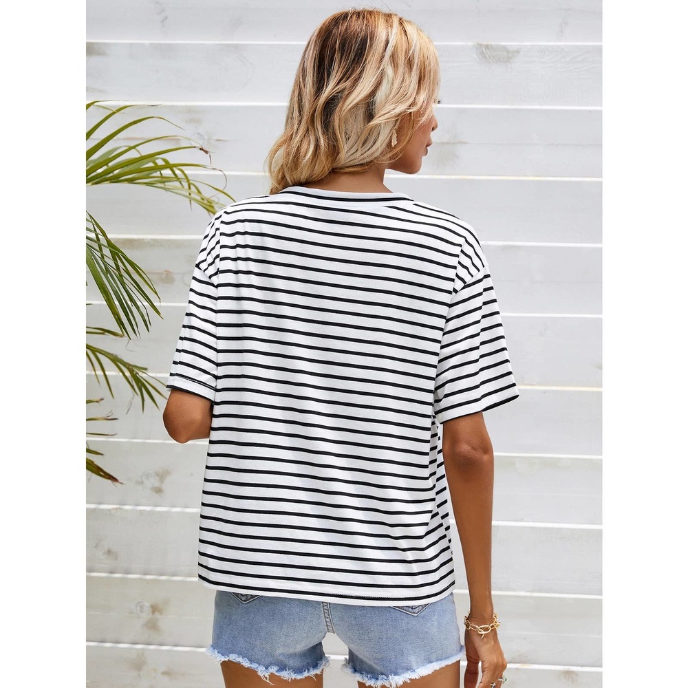 Classic preppy Striped V Neck Tee shirt top white black - Picture 3 of 11